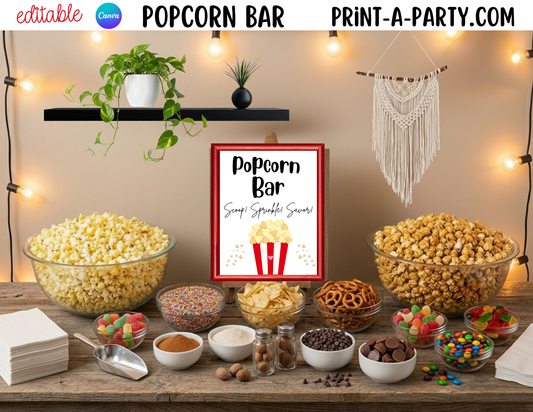 Editable Popcorn Bar - Sign and Topping Tent Cards Food Station - Perfect for Parties, Showers, Movie Party, Circus Party or Sleepover Slumber Parties
