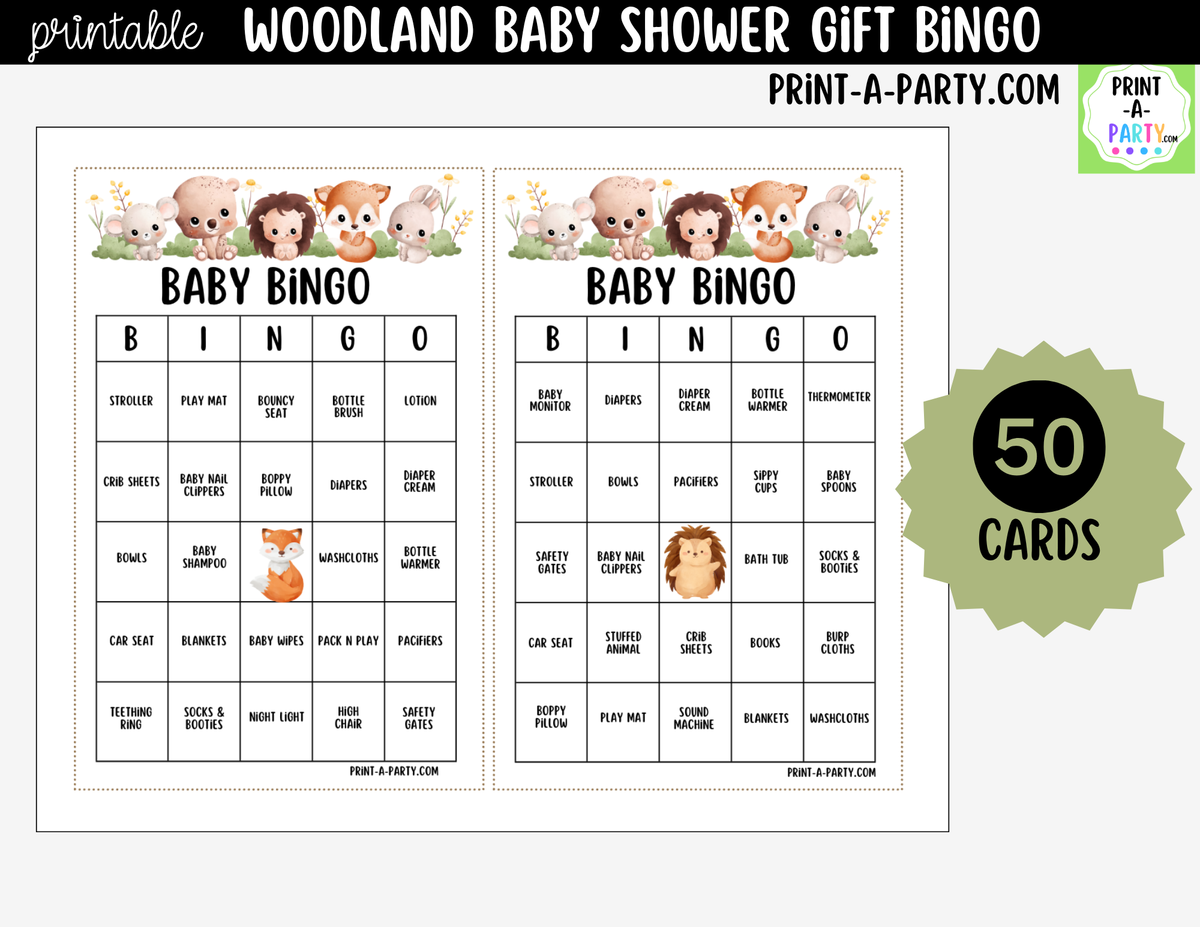 Woodland Baby Shower Gift Bingo Printable Pre-Filled