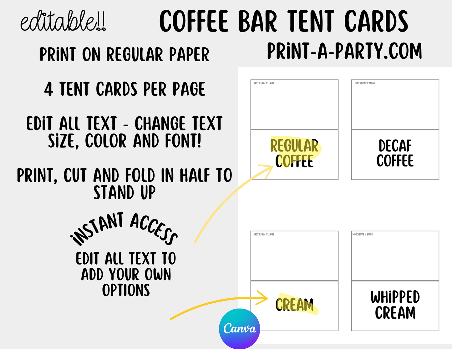 Editable Coffee Bar - Sign and Toppings Tent Cards Printable Station for Parties, Showers, Birthdays, Holidays or the Office