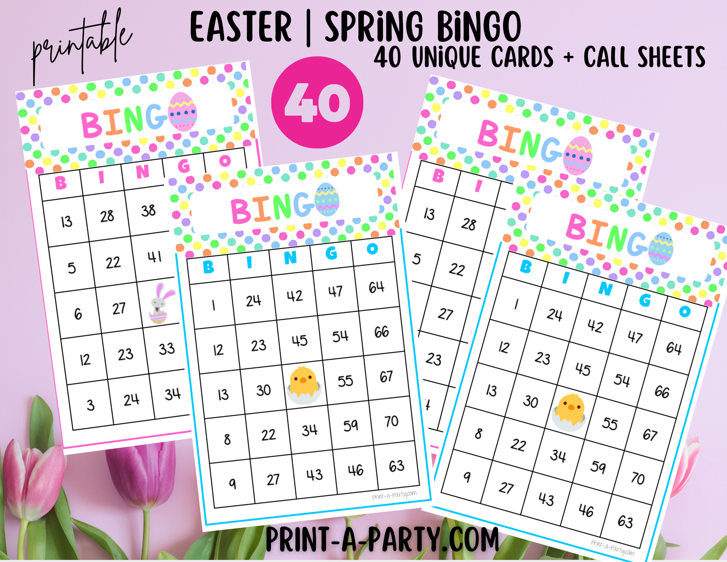 BINGO: Spring | Easter | Easter Bunny | Pastel Polka Dots | Parties | Birthday | Classroom | 30, 40, or 50 cards - INSTANT DOWNLOAD