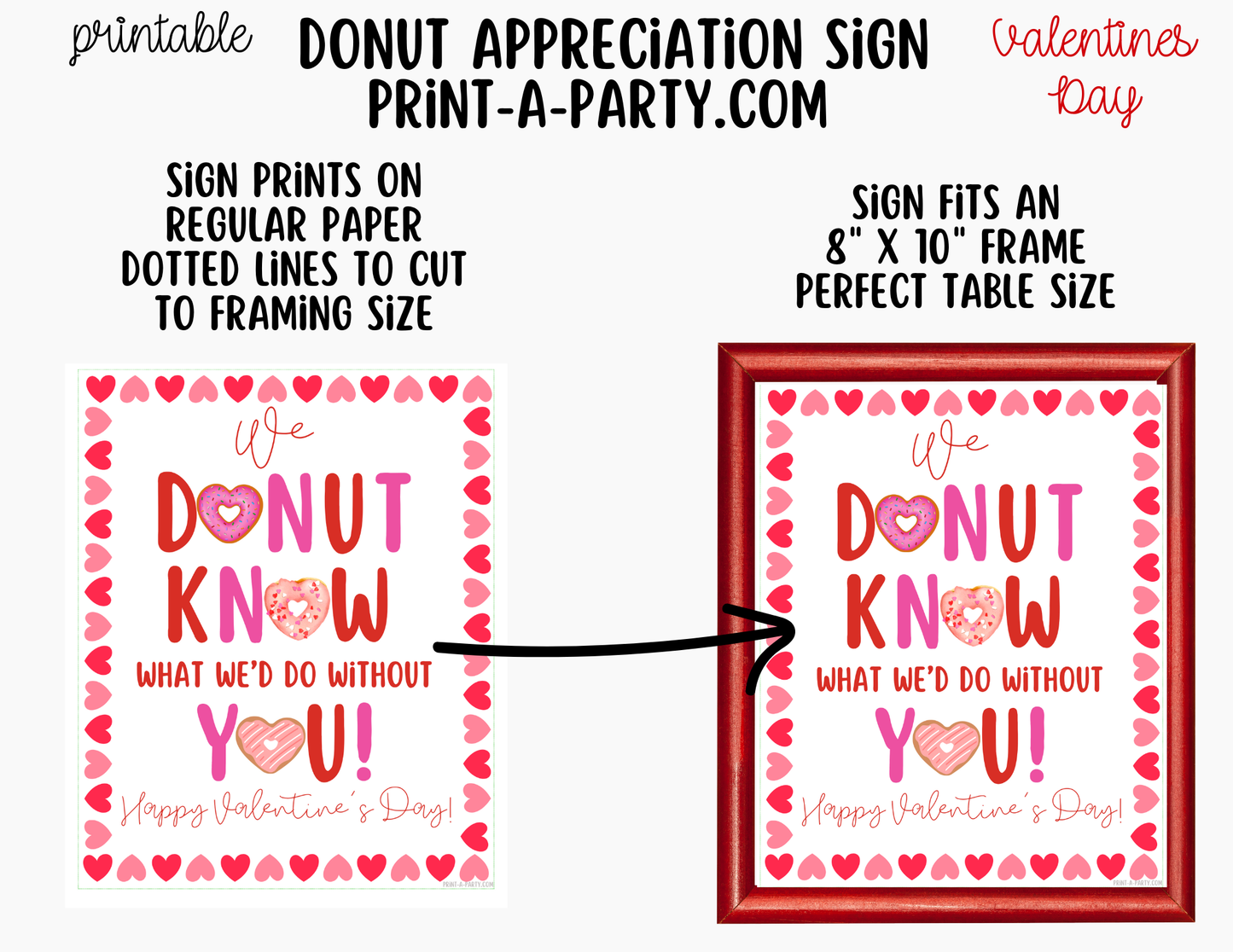 Valentine's Day Donut Appreciation Sign - Printable Decor for Teacher, Staff, Employee, Volunteer, PTO PTA or Parents