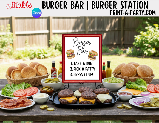 Editable Burger Bar Sign & Toppings Tent Cards – Printable Food Station for BBQs, Summer Parties, Birthdays & More