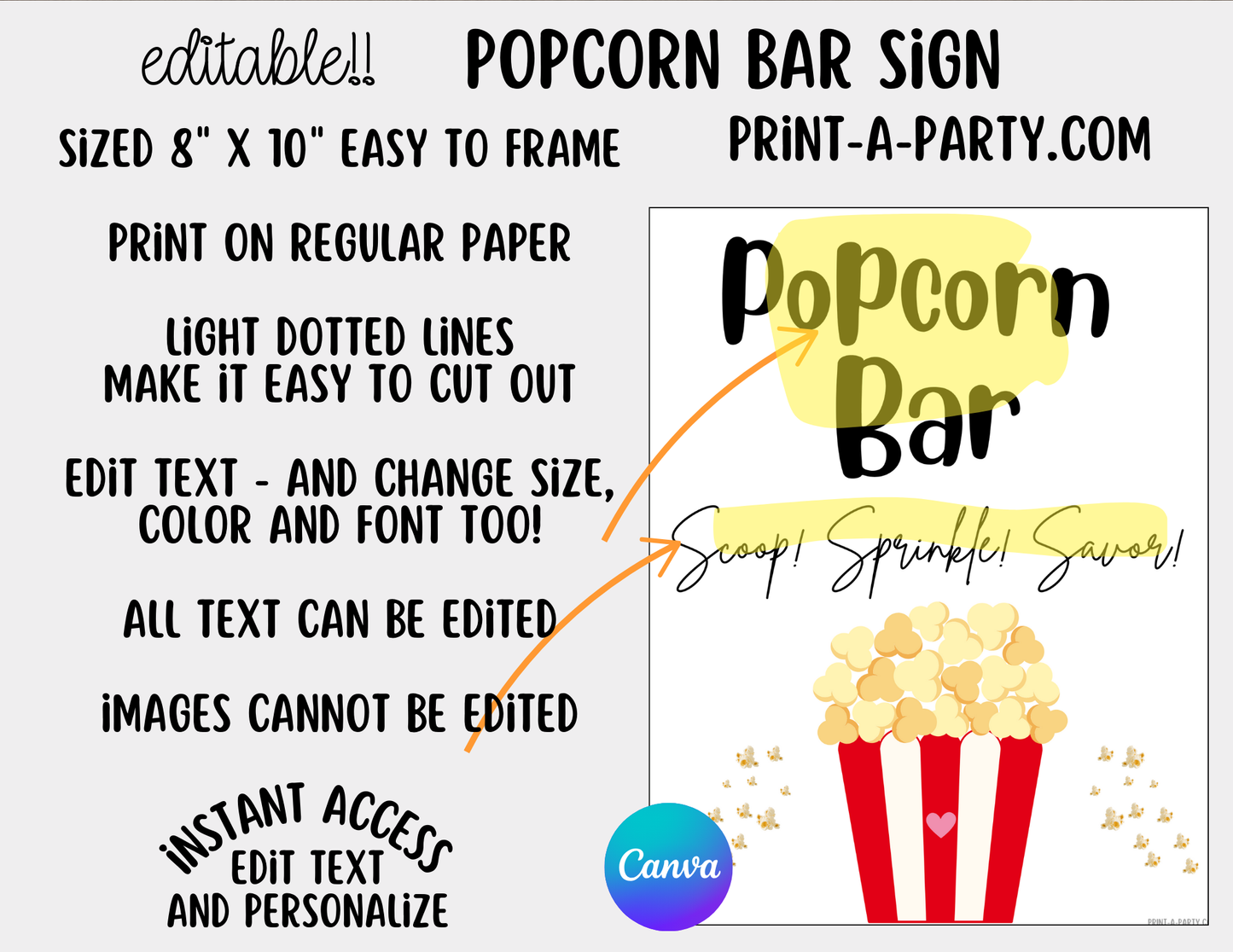 Editable Popcorn Bar - Sign and Topping Tent Cards Food Station - Perfect for Parties, Showers, Movie Party, Circus Party or Sleepover Slumber Parties