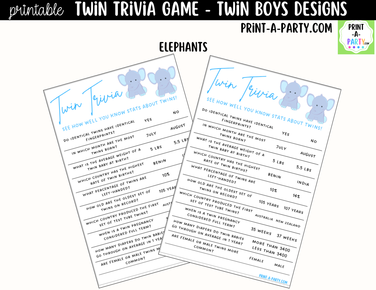 Twin Boys Baby Shower Trivia Game Printable