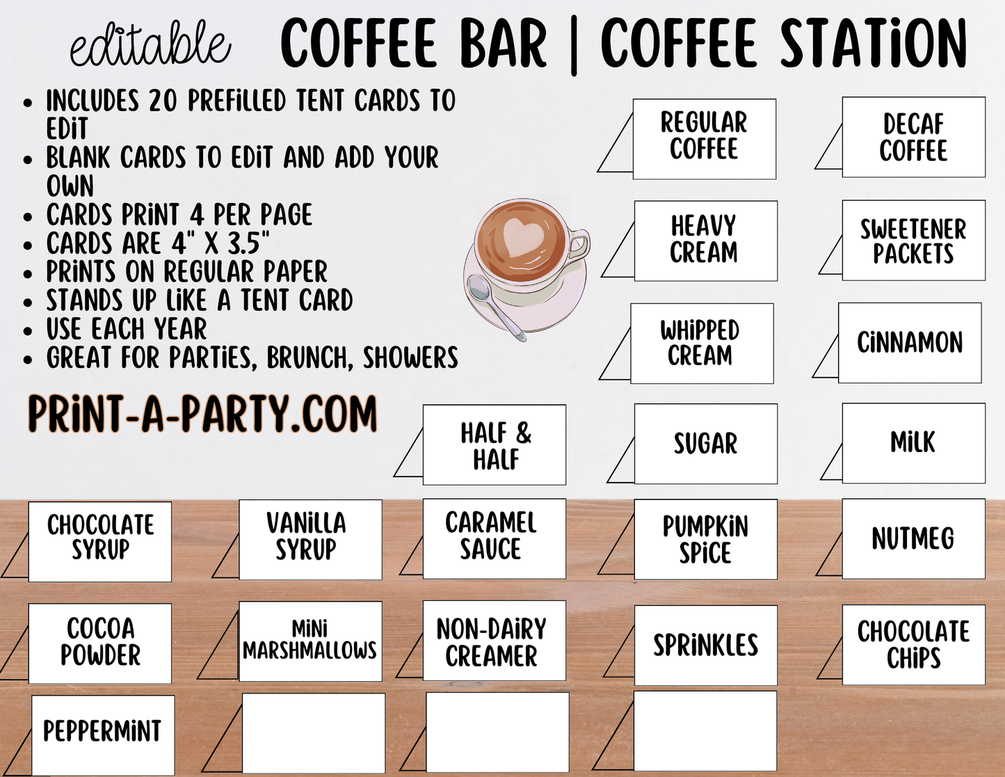 Editable Coffee Bar - Sign and Toppings Tent Cards Printable Station for Parties, Showers, Birthdays, Holidays or the Office
