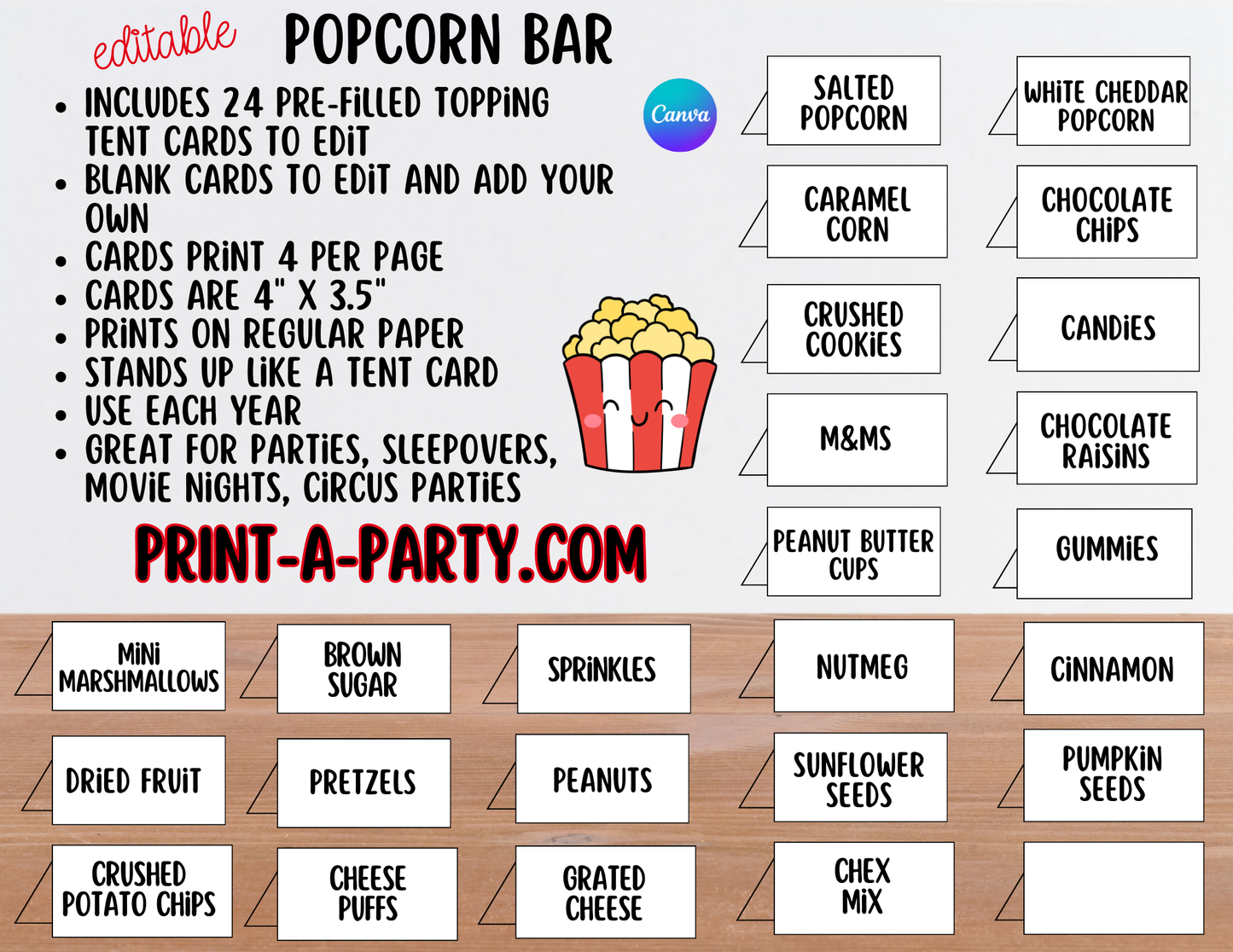 Editable Popcorn Bar - Sign and Topping Tent Cards Food Station - Perfect for Parties, Showers, Movie Party, Circus Party or Sleepover Slumber Parties