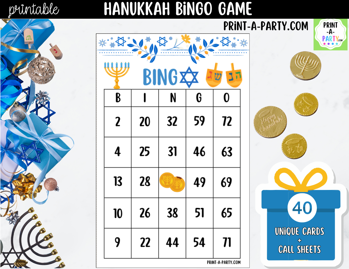 Hanukkah Bingo Game Printable | 30, 40 or 50 Cards | Kids, Adults & Hebrew School