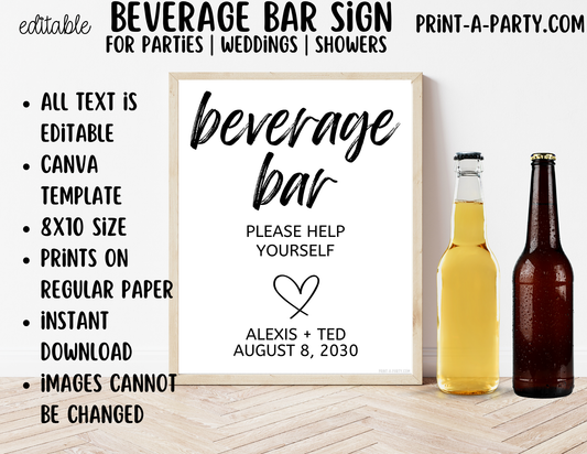 Editable Beverage Bar Sign (8x10) - Printable Canva Template