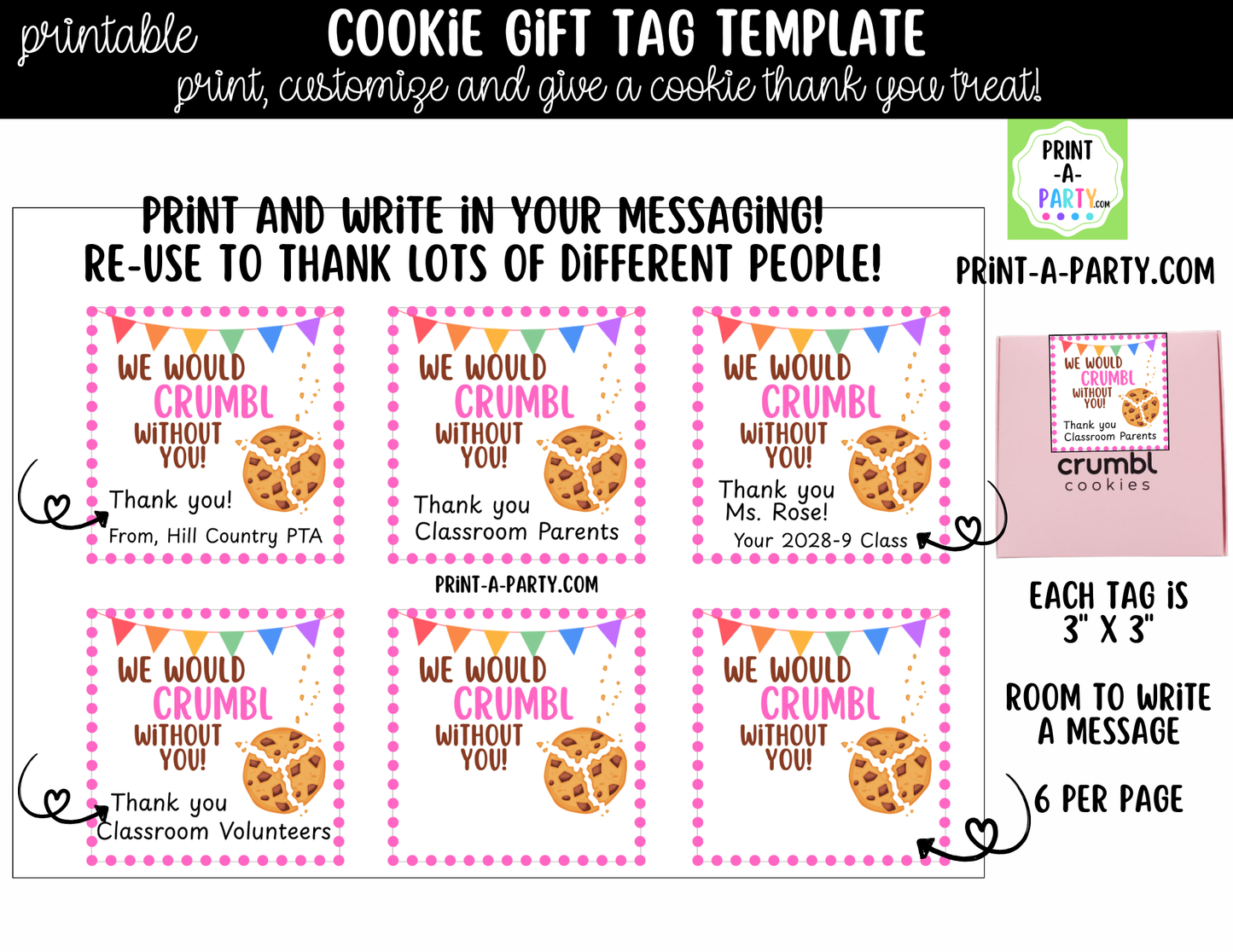 Crumbl Cookie Gift Tags – Printable or Editable Cookie Tags (3" x 3", 6 Per Page)