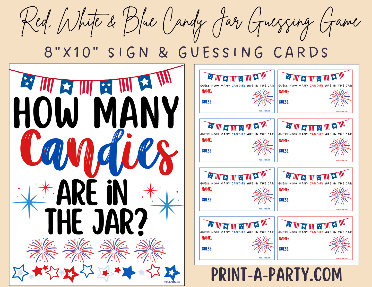 CANDY JAR GUESSING GAME - Memorial Day | 4th of July Party | How many candies in jar | Summer Party Idea | Party DIY | Red White and Blue Party | Printable