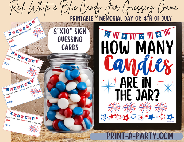 CANDY JAR GUESSING GAME - Memorial Day | 4th of July Party | How many candies in jar | Summer Party Idea | Party DIY | Red White and Blue Party | Printable