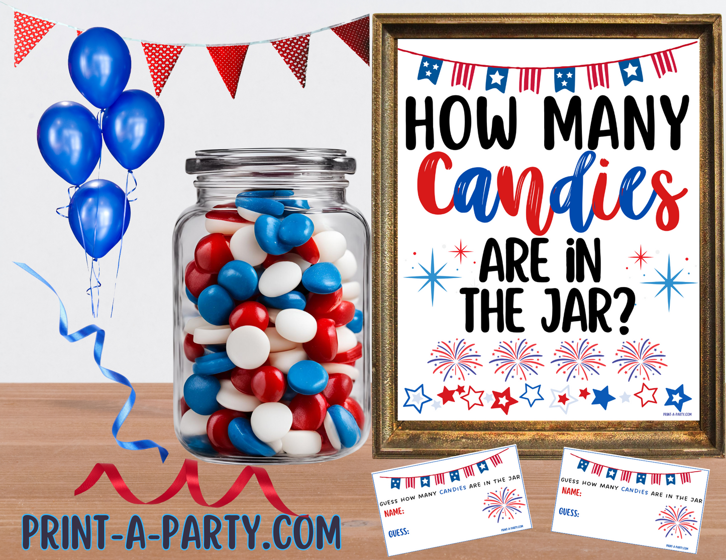 CANDY JAR GUESSING GAME - Memorial Day | 4th of July Party | How many candies in jar | Summer Party Idea | Party DIY | Red White and Blue Party | Printable