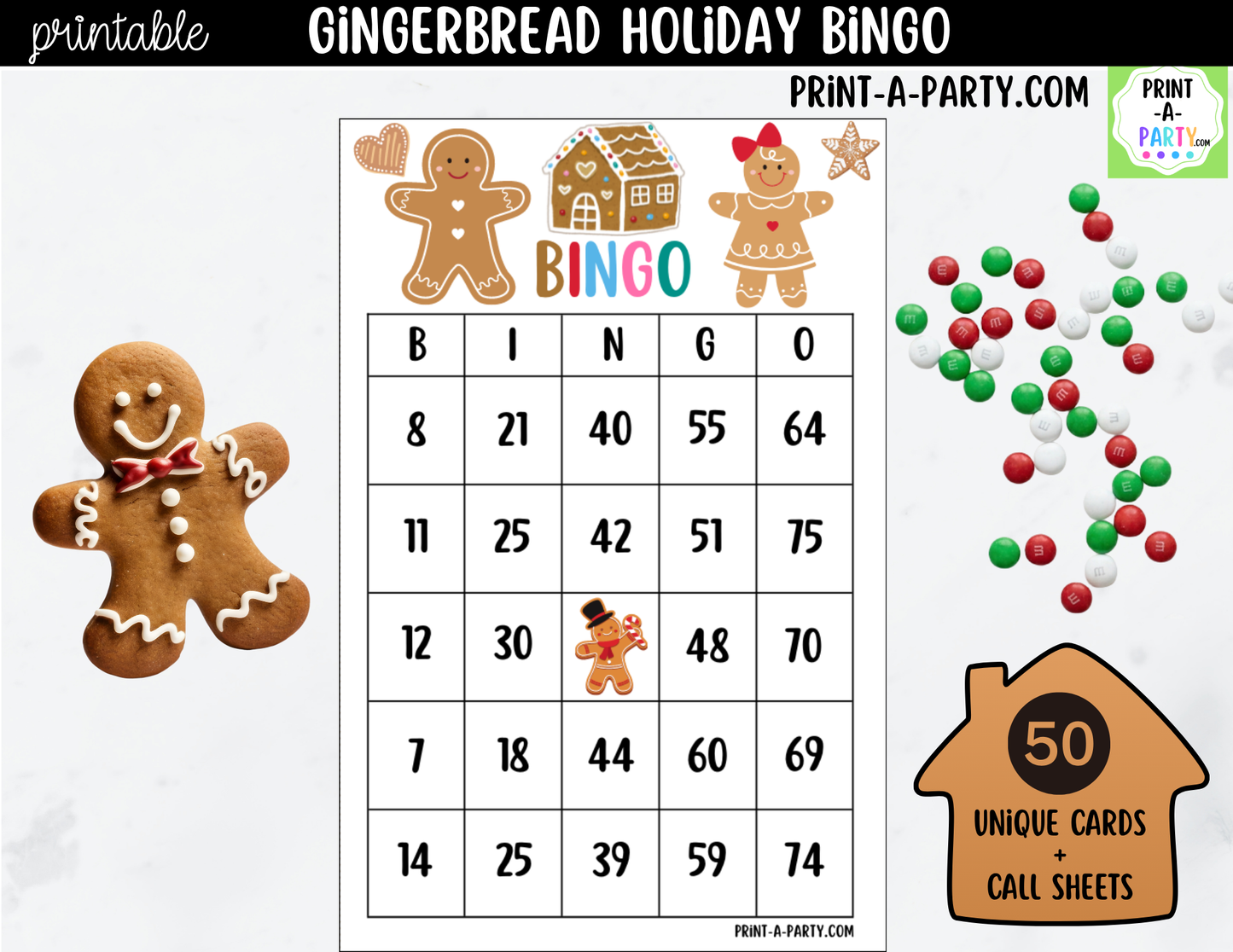 Christmas Gingerbread Bingo Game Printable | Christmas Party Game | Bingo Cards & Call Sheets