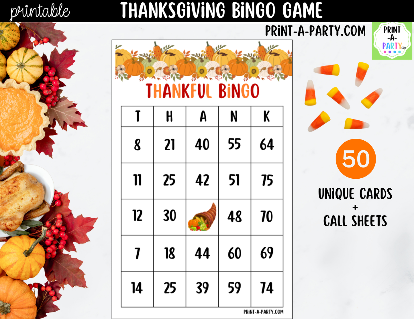 Thanksgiving Bingo Game Printable | T-H-A-N-K Holiday Party Game & Activity
