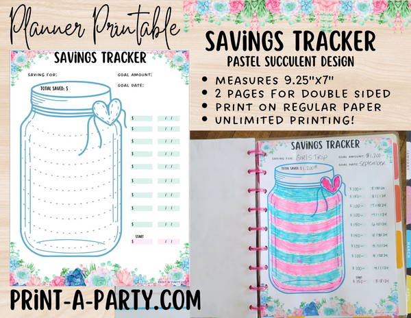 Savings Tracker Planner Page | Financial Tracker Printable Planner | Pastel Succulents | Planner Printable