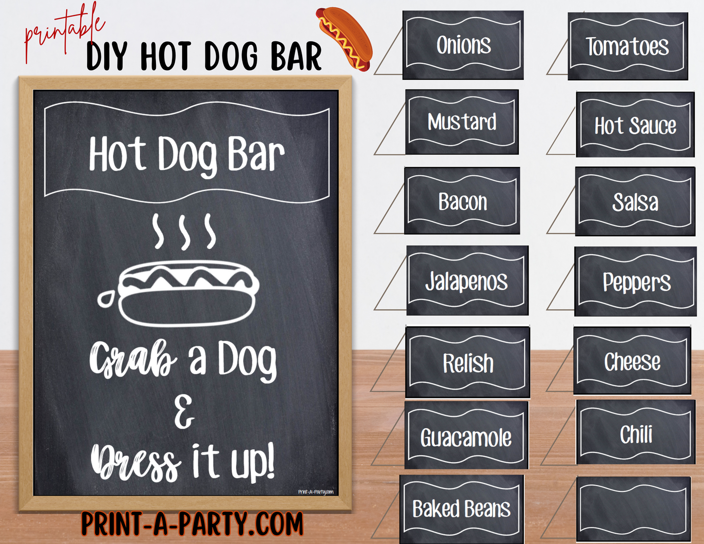 HOT DOG BAR | HOT DOG STATION Setup | Hot Dog Sign | Hot Dog Labels | Make Your Own Hot Dogs Buffet | Food Station for Party | Food Bar for Party | 4th of July | Summer Parties | Instant Download Printable