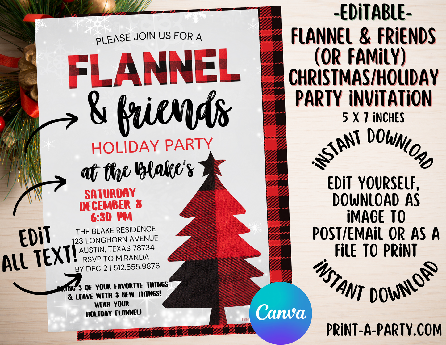 CHRISTMAS EDITABLE INVITATION: FLANNEL & FRIENDS or FAMILY HOLIDAY PARTY INVITATION | Christmas Party Invite | Flannel PJ Christmas Party