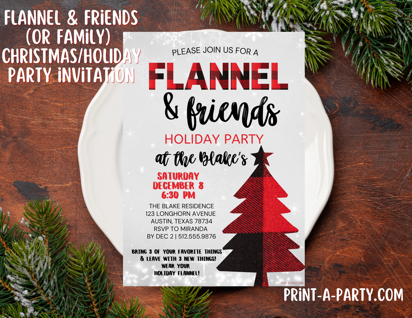 CHRISTMAS EDITABLE INVITATION: FLANNEL & FRIENDS or FAMILY HOLIDAY PARTY INVITATION | Christmas Party Invite | Flannel PJ Christmas Party