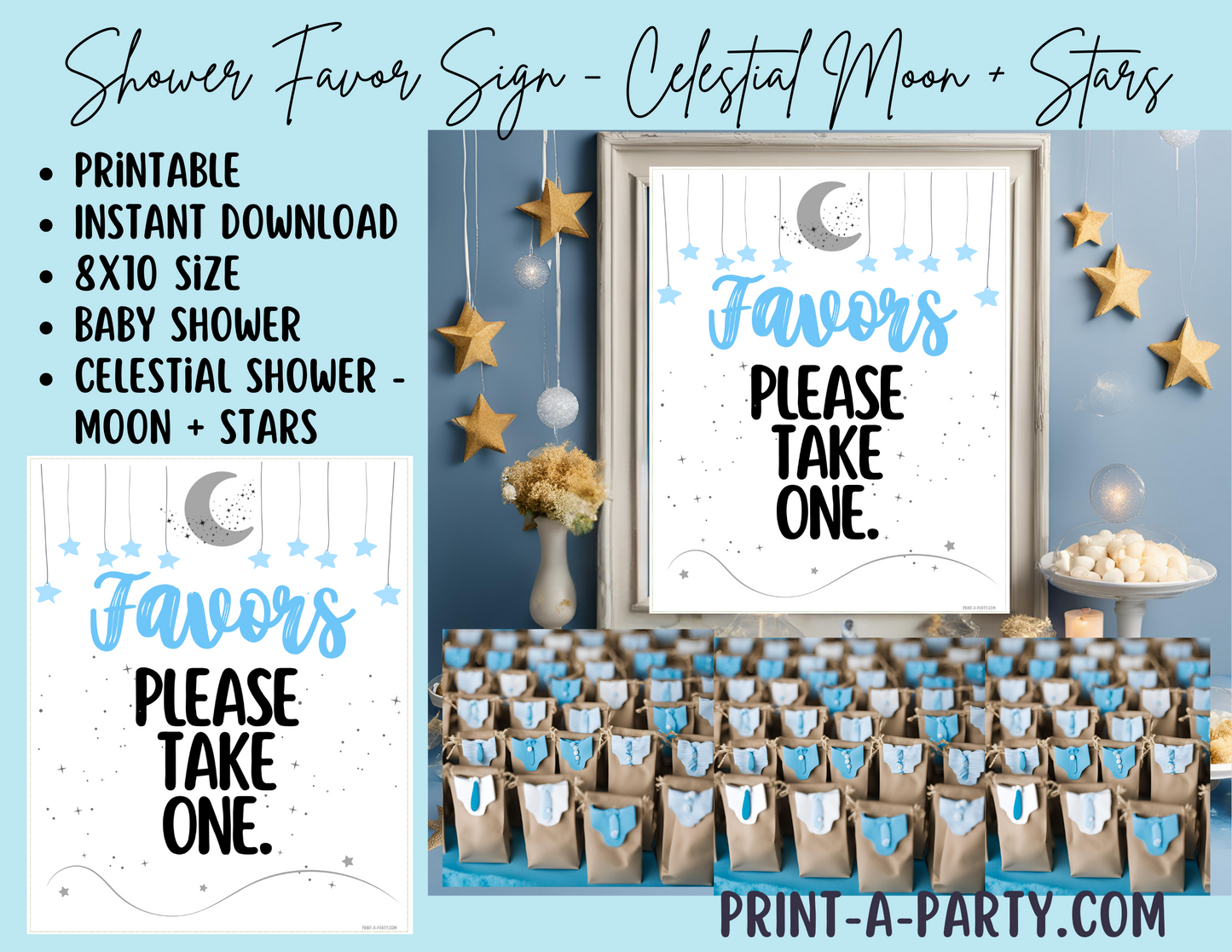 FAVORS SIGN - CELESTIAL MOON AND STARS BLUE THEME | Celestial Moon and Stars Baby Shower Favors | Celestial Moon and Stars Shower Favors | Favors Please take one