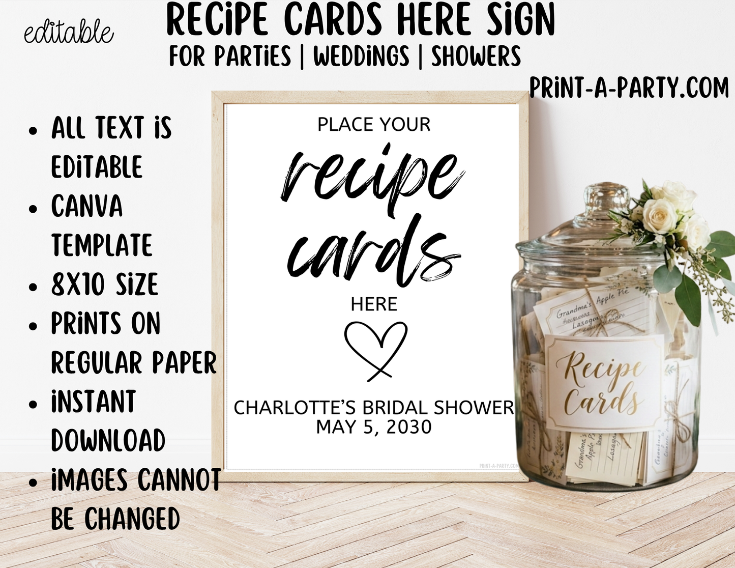 Editable Recipe Cards Sign (8x10) – Canva Printable Template for Showers, Weddings, Parties