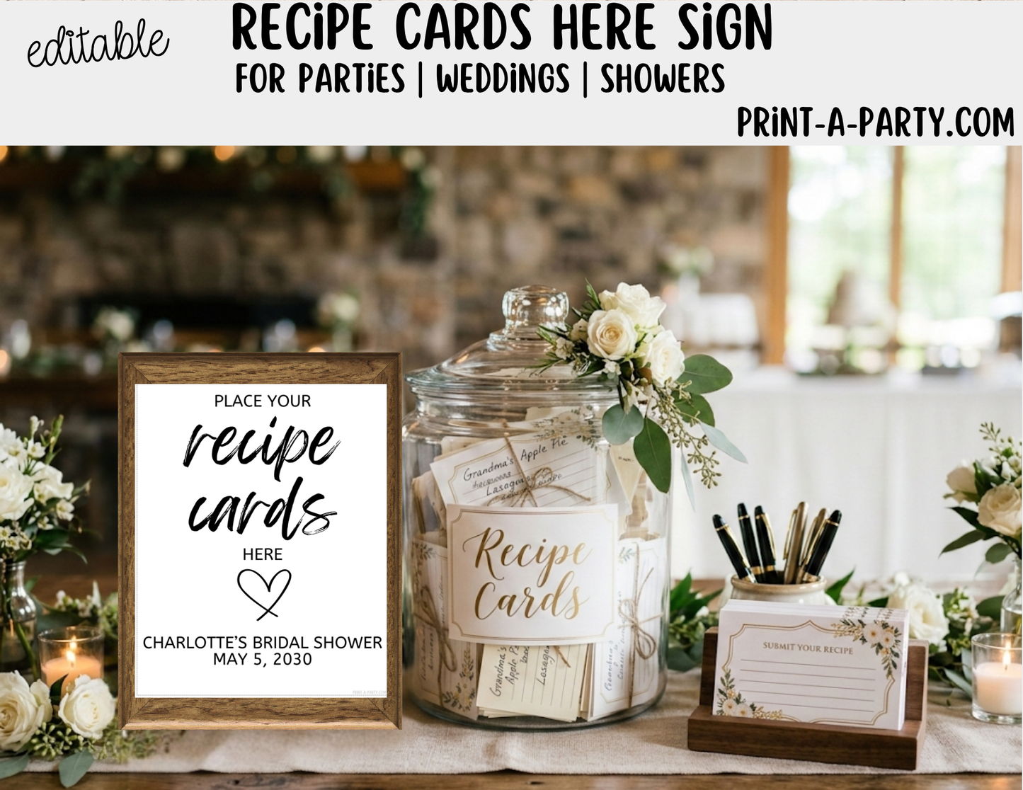 Editable Recipe Cards Sign (8x10) – Canva Printable Template for Showers, Weddings, Parties