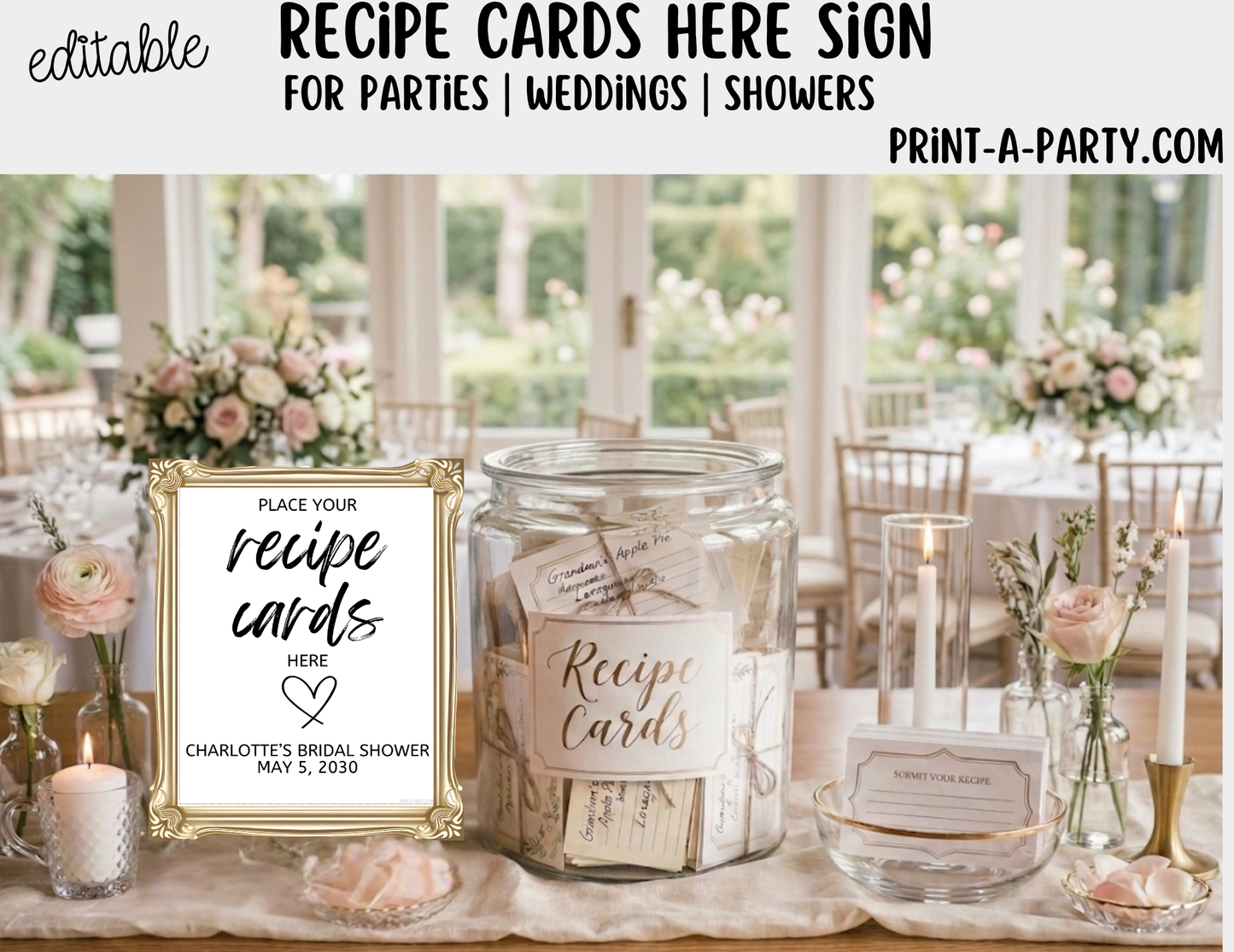 Editable Recipe Cards Sign (8x10) – Canva Printable Template for Showers, Weddings, Parties
