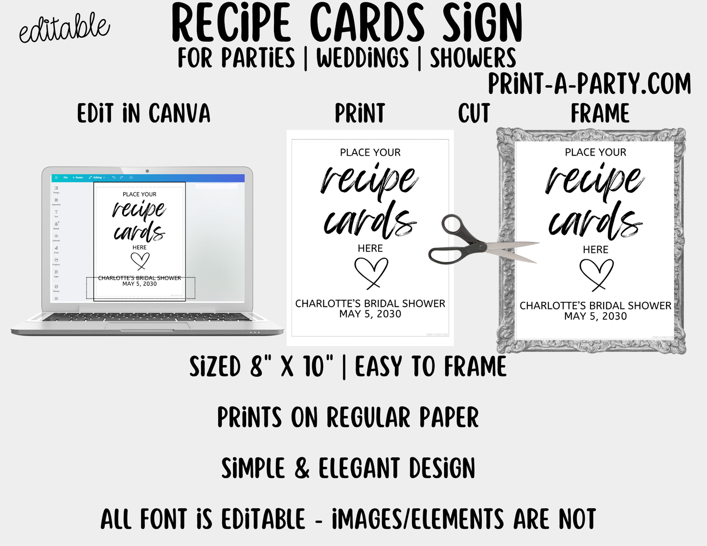 Editable Recipe Cards Sign (8x10) – Canva Printable Template for Showers, Weddings, Parties