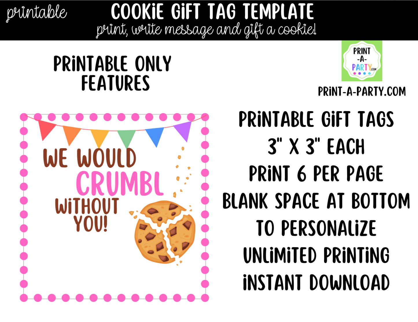 Crumbl Cookie Gift Tags – Printable or Editable Cookie Tags (3" x 3", 6 Per Page)