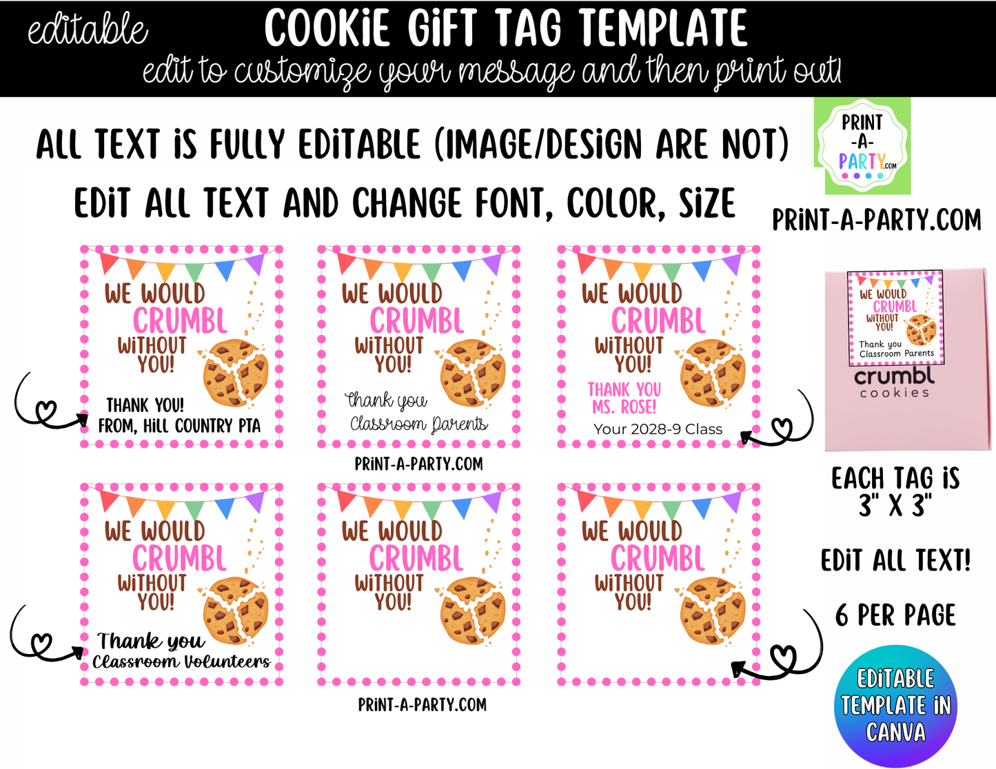 Crumbl Cookie Gift Tags – Printable or Editable Cookie Tags (3" x 3", 6 Per Page)