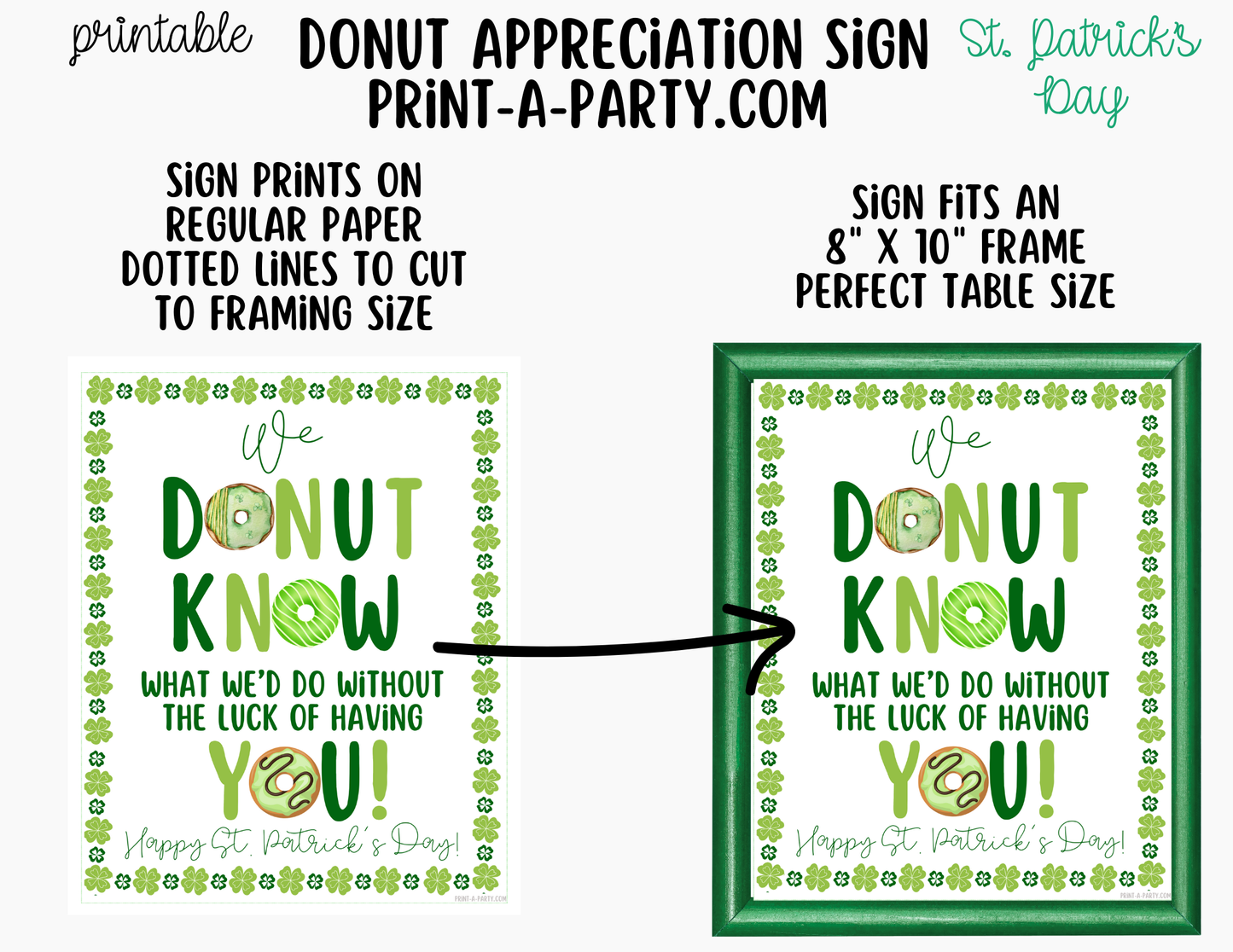 St. Patrick's Day Donut Appreciation Sign - Printable Decor for Teacher, Staff, Employee, Volunteer, PTO PTA or Parents