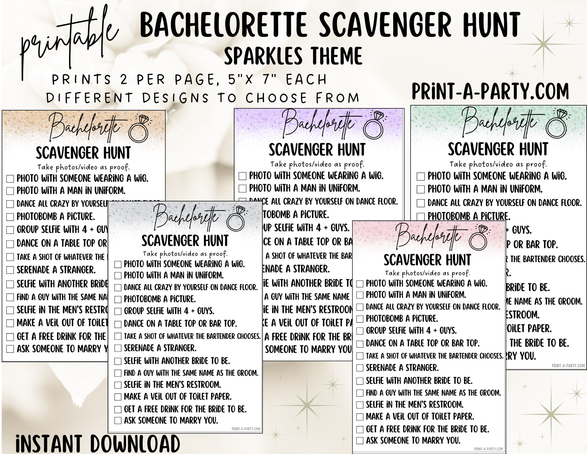bachelorette-hen-party-scavenger-hunt-game-printable-sparkles-theme-fun-tasks-for-the-bride-to-complete-printaparty for Downloadable Free Printable Bachelorette Party Games BACHELORETTE | HEN PARTY Scavenger Hunt Game Printable - Sparkles Theme | Fun tasks for the Bride to complete | – PrintAParty for Downloadable Free Printable Bachelorette Party Games
