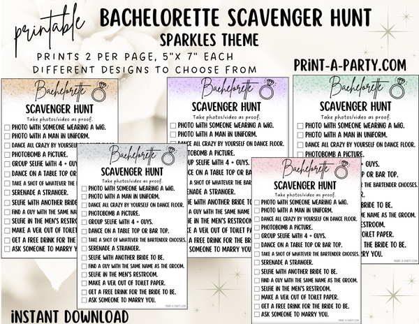 BACHELORETTE PARTY Scavenger Hunt Game Printable - Sparkles Theme | Hen Party | Fun tasks for the Bride to complete | Bachelorette Party Game | Bachelorette Party Idea