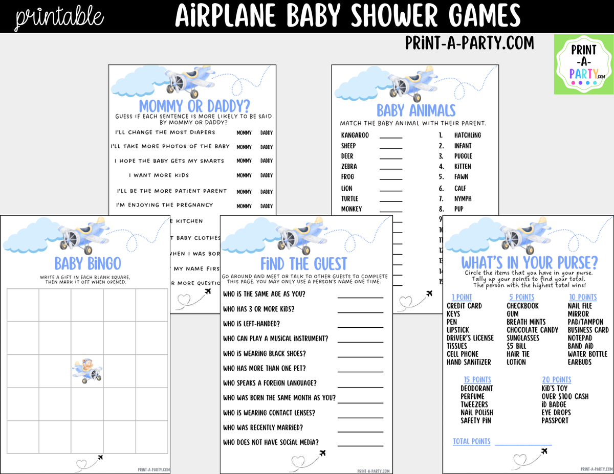 Airplane Baby Shower Games Bundle - 5 Printable Aviation Theme Party Games, Instant Download