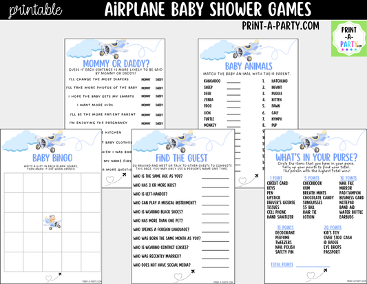 Airplane Baby Shower Games Bundle - 5 Printable Aviation Theme Party Games, Instant Download