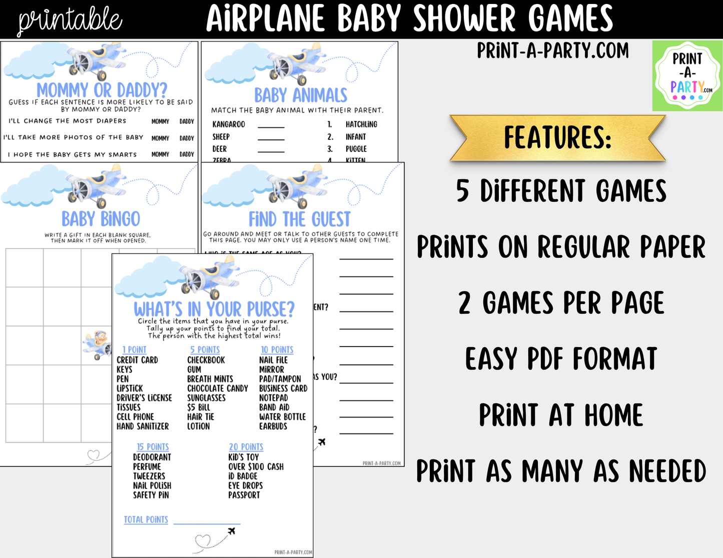 Airplane Baby Shower Games Bundle - 5 Printable Aviation Theme Party Games, Instant Download