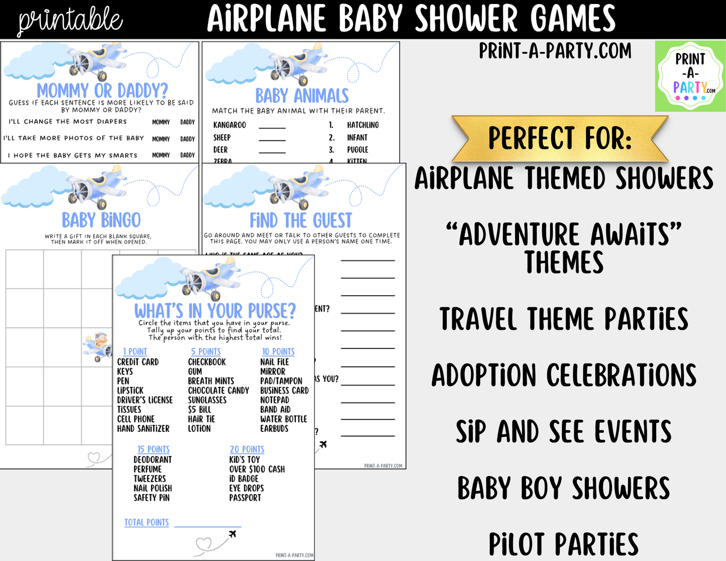 Airplane Baby Shower Games Bundle - 5 Printable Aviation Theme Party Games, Instant Download