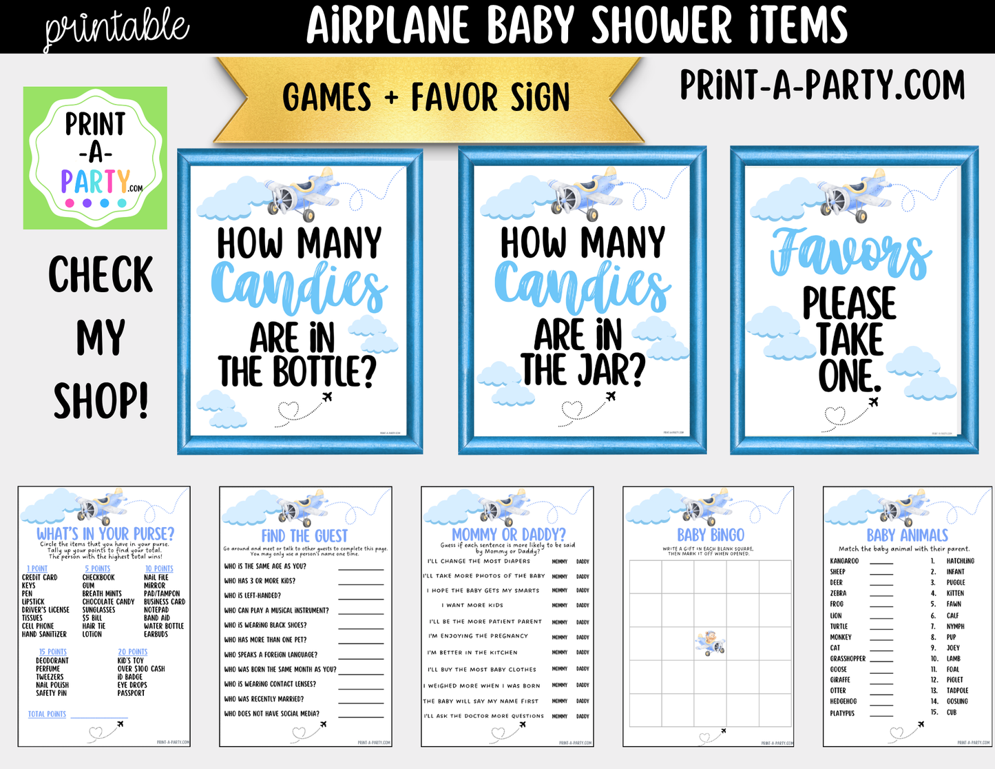 Airplane Baby Shower Games Bundle - 5 Printable Aviation Theme Party Games, Instant Download
