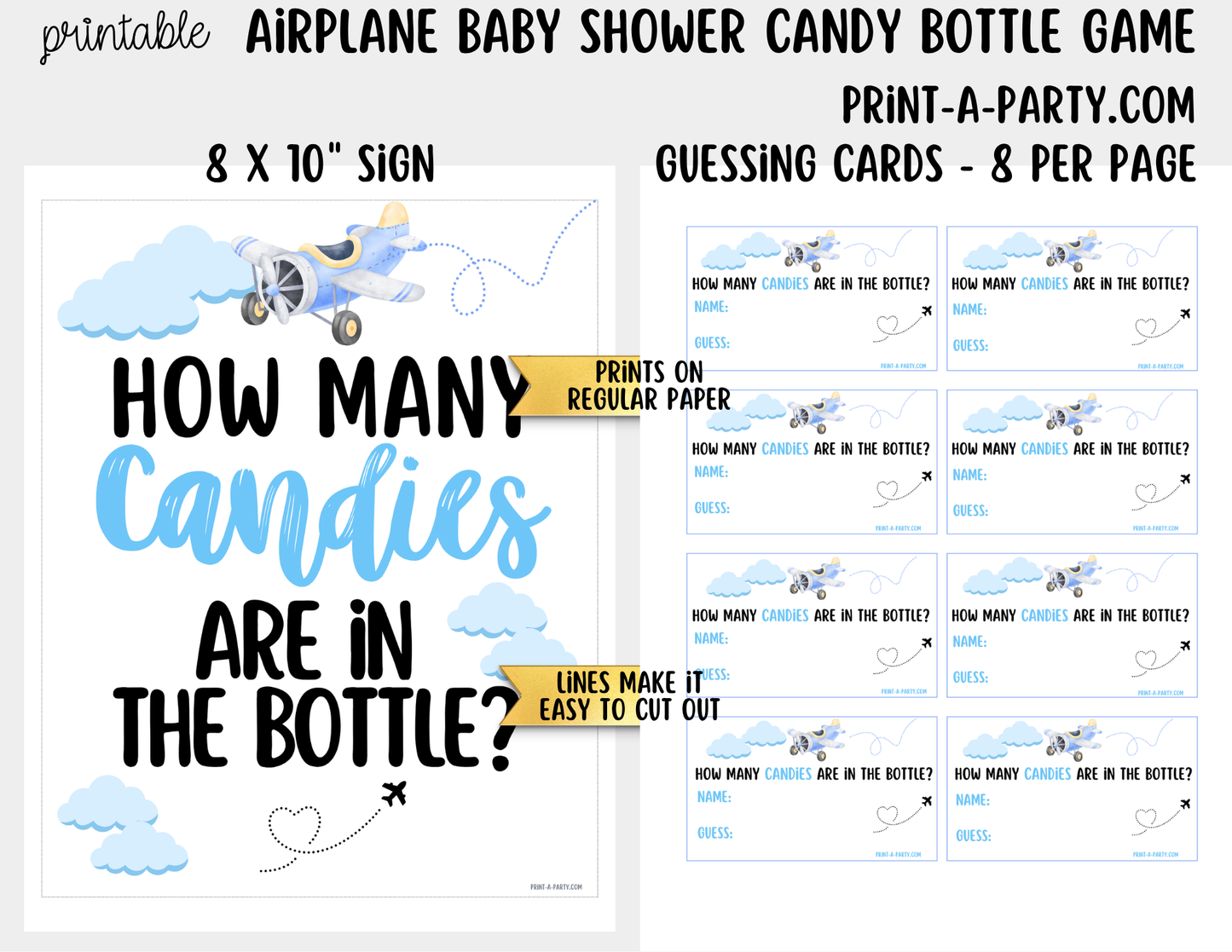 Airplane Aviation Baby Shower Candy Baby Bottle Guessing Game Printable Sign (8x10) & Cards for Airplane-themed Baby Events