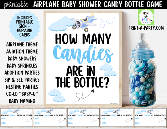 Airplane Aviation Baby Shower Candy Baby Bottle Guessing Game Printable Sign (8x10) & Cards for Airplane-themed Baby Events