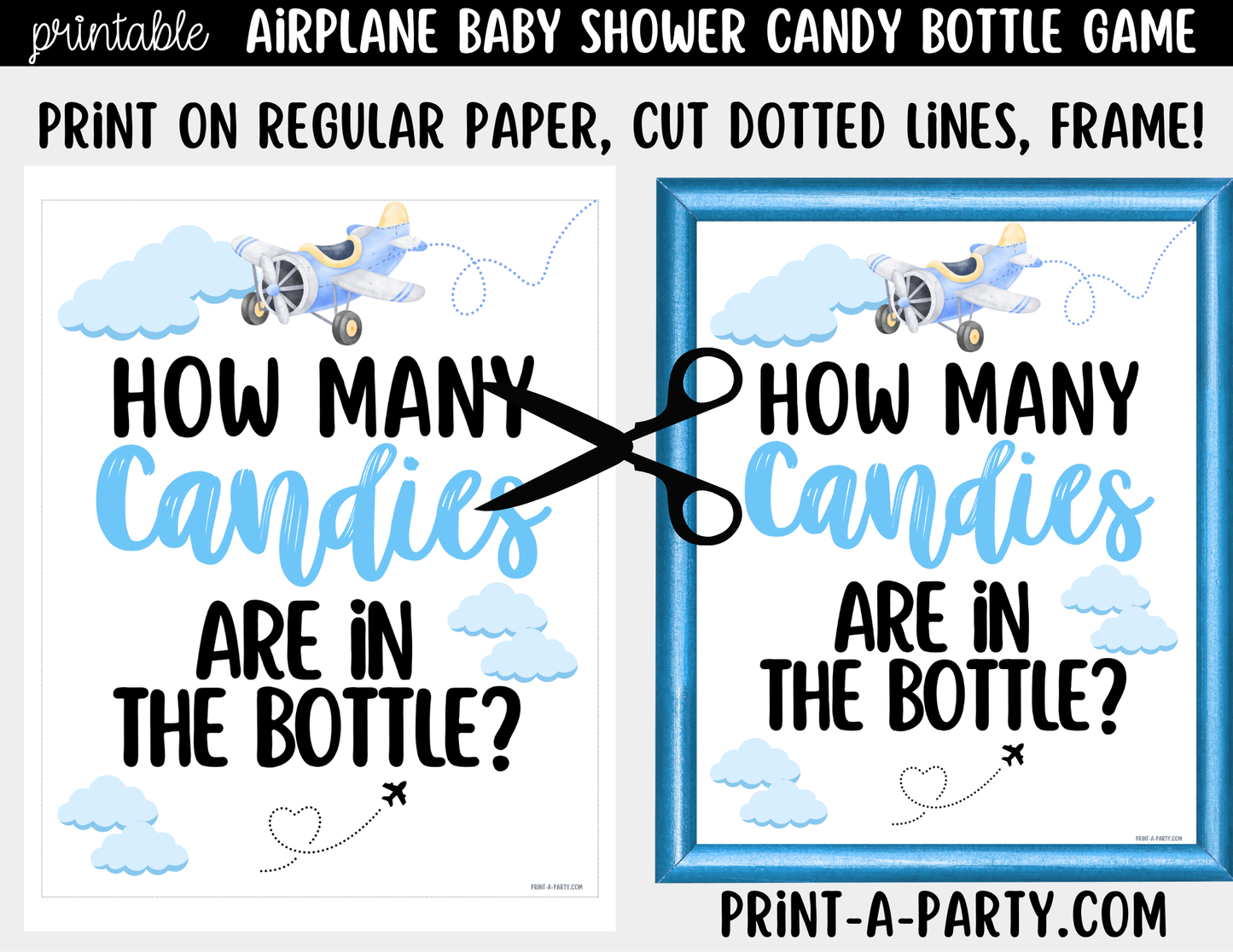 Airplane Aviation Baby Shower Candy Baby Bottle Guessing Game Printable Sign (8x10) & Cards for Airplane-themed Baby Events