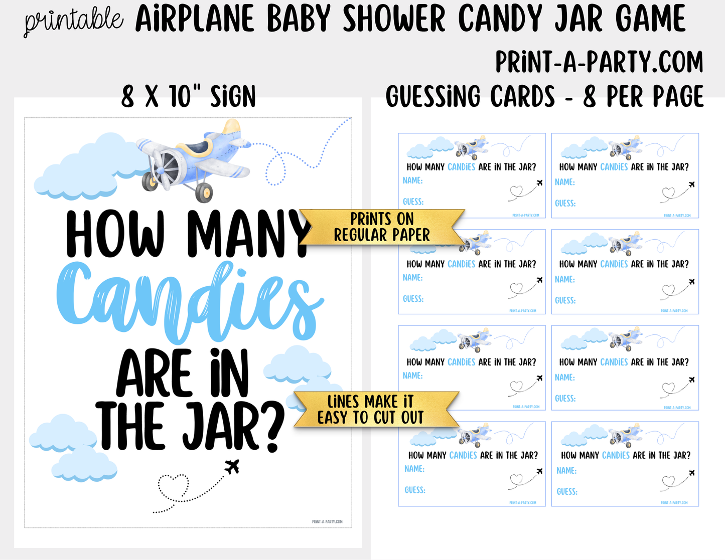 Airplane Aviation Baby Shower Candy Jar Guessing Game Printable Sign (8x10) & Cards for Airplane-themed Baby Events