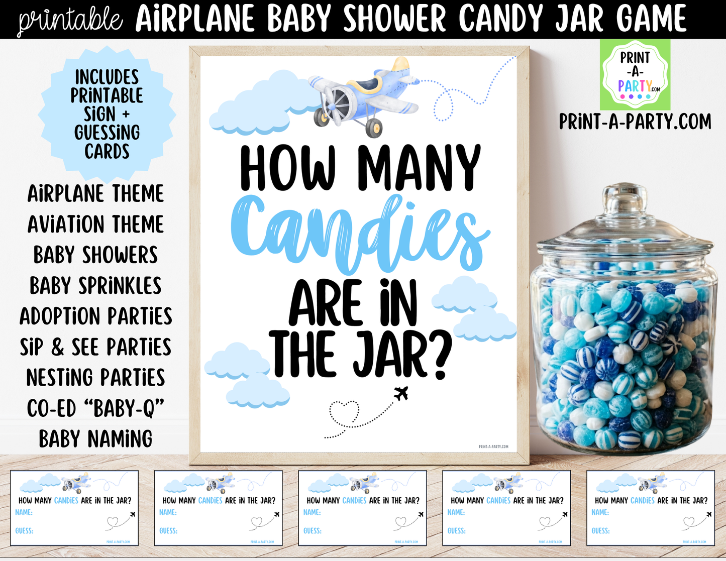 Airplane Aviation Baby Shower Candy Jar Guessing Game Printable Sign (8x10) & Cards for Airplane-themed Baby Events
