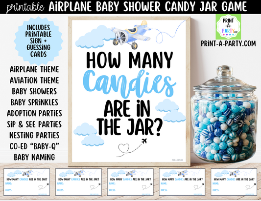 Airplane Aviation Baby Shower Candy Jar Guessing Game Printable Sign (8x10) & Cards for Airplane-themed Baby Events