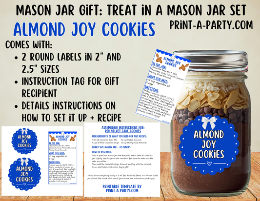 MASON JAR GIFT: Almond Joy Cookies in a Mason Jar Gift Printable Kit - for neighbors, teachers, gift baskets and more!