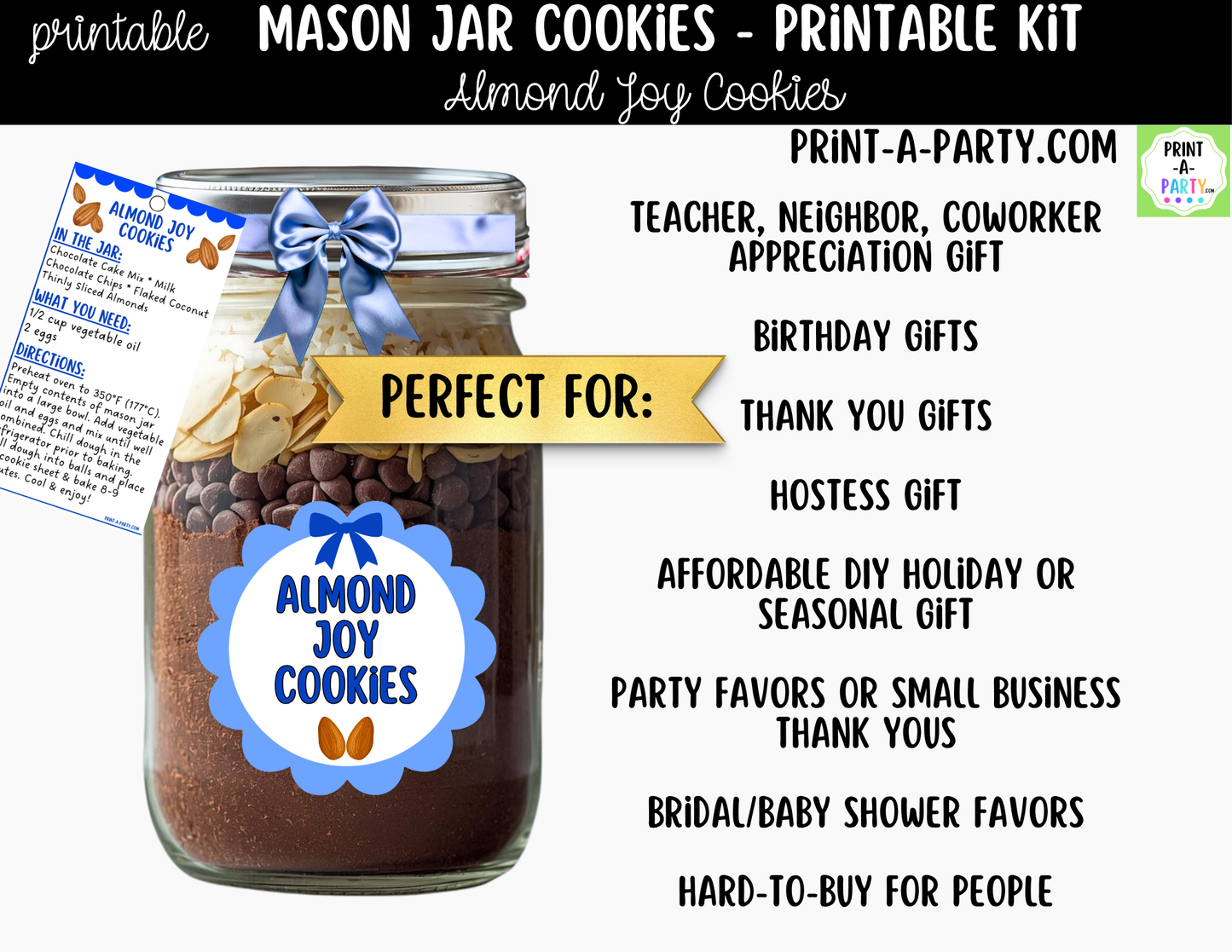Almond Joy Cookies in a Mason Jar Gift Printable Kit - Labels, Tag, Recipe & Instructions