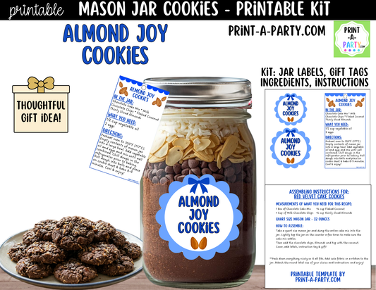 Almond Joy Cookies in a Mason Jar Gift Printable Kit - Labels, Tag, Recipe & Instructions
