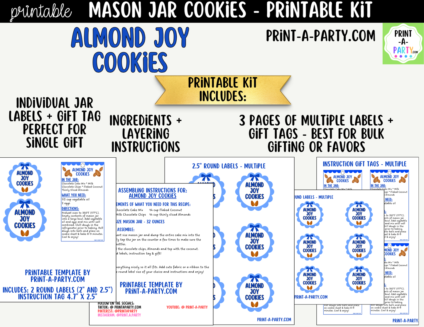 Almond Joy Cookies in a Mason Jar Gift Printable Kit - Labels, Tag, Recipe & Instructions