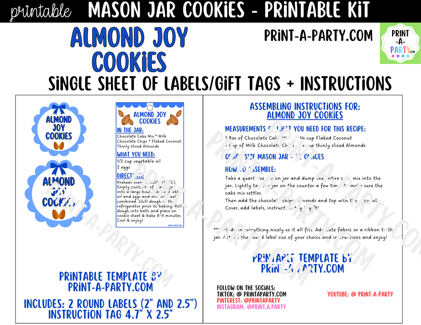 Almond Joy Cookies in a Mason Jar Gift Printable Kit - Labels, Tag, Recipe & Instructions