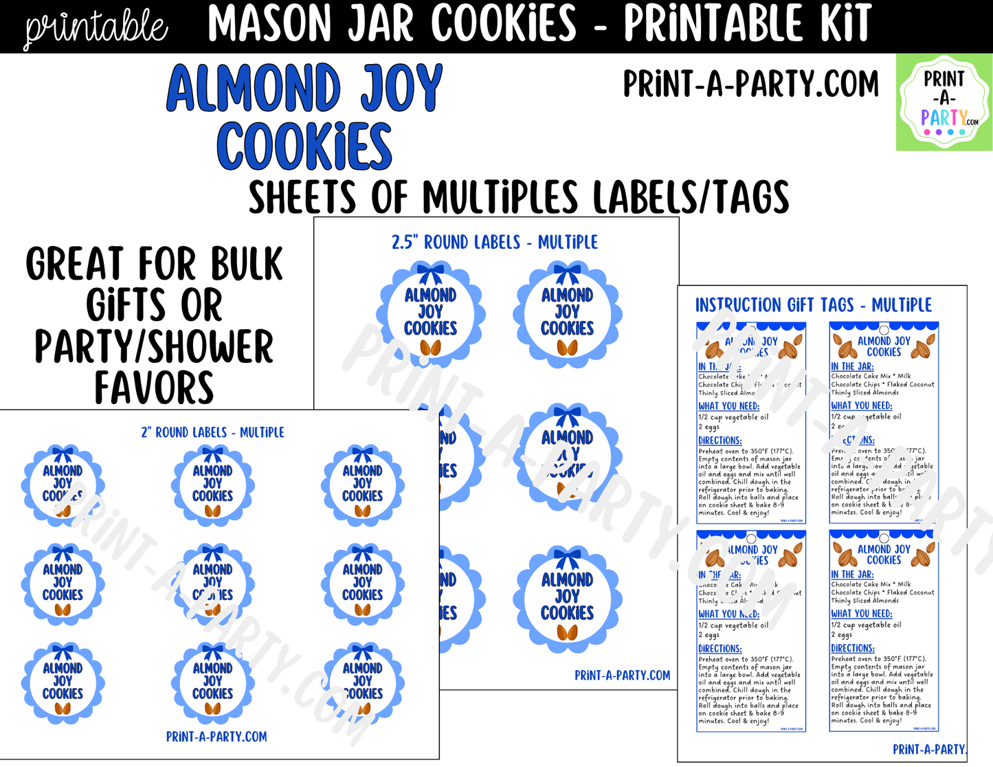 Almond Joy Cookies in a Mason Jar Gift Printable Kit - Labels, Tag, Recipe & Instructions
