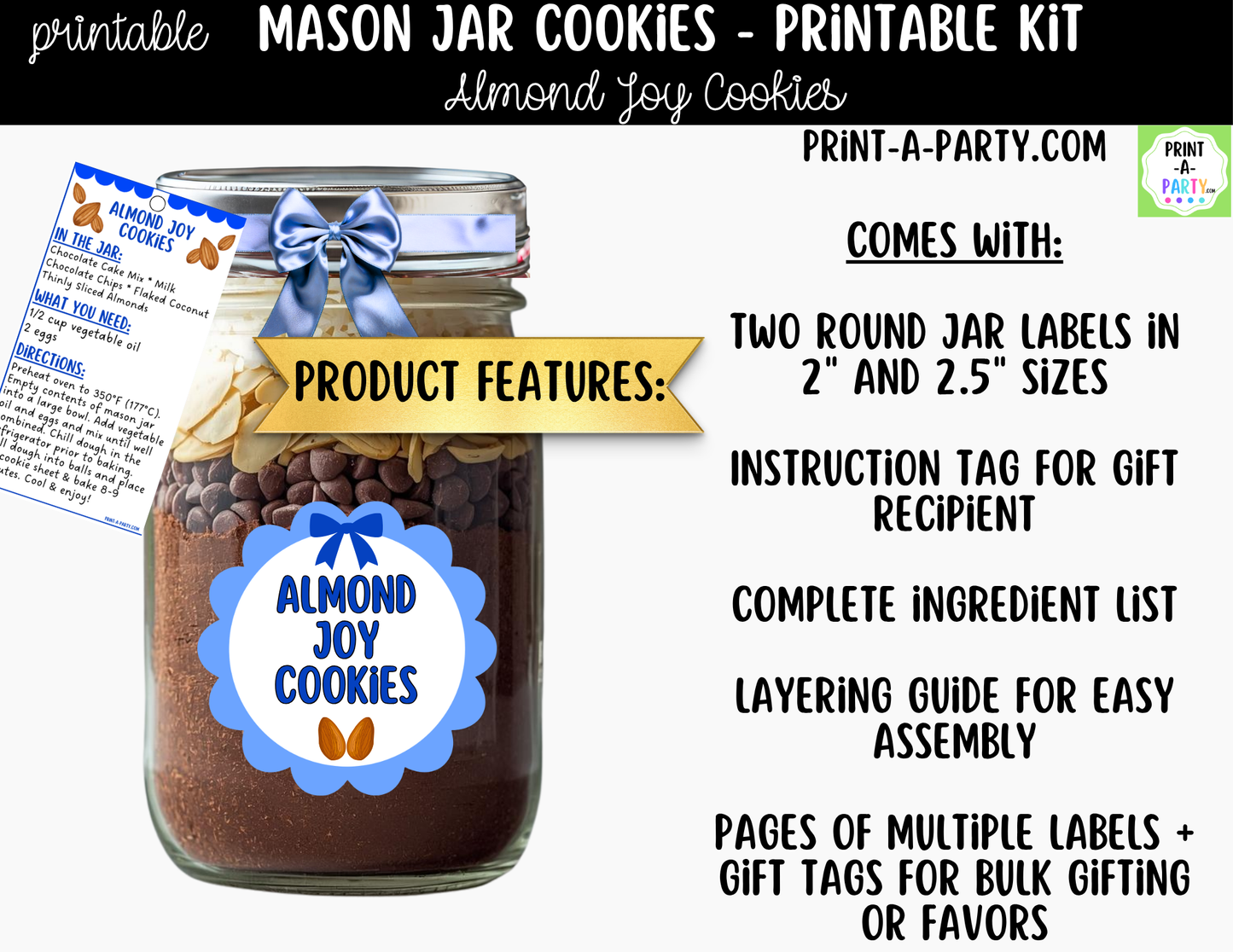 Almond Joy Cookies in a Mason Jar Gift Printable Kit - Labels, Tag, Recipe & Instructions